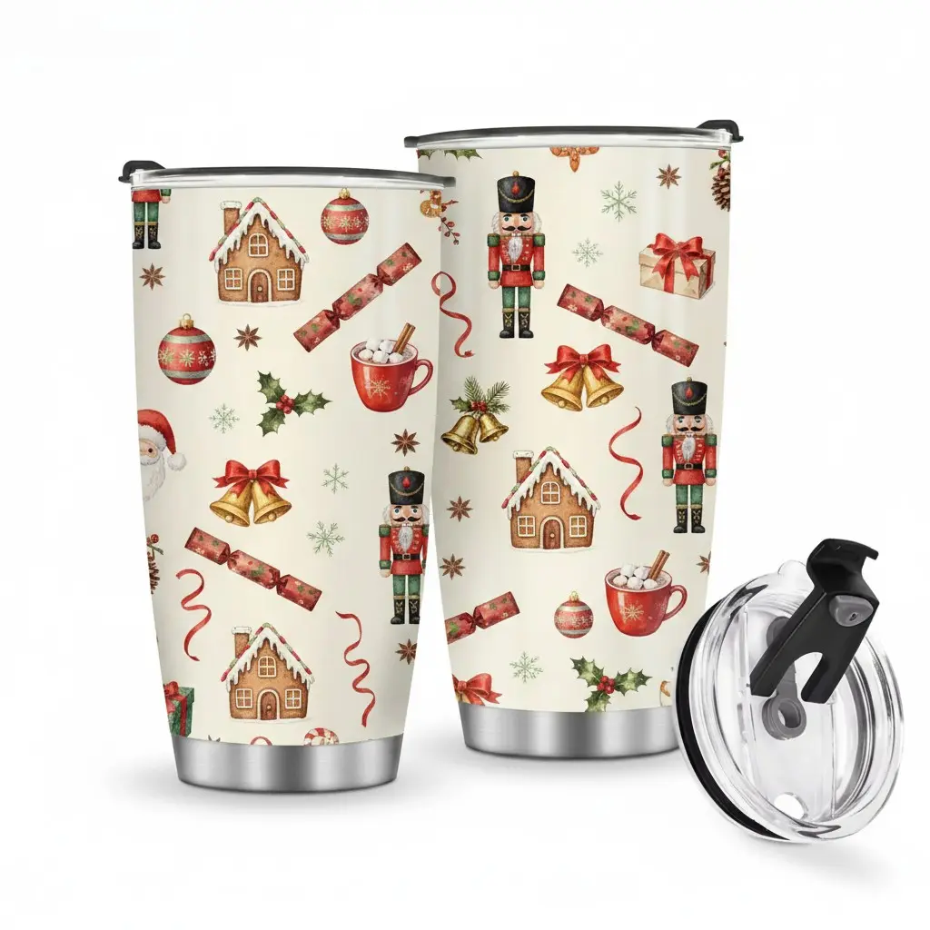 Christmas Nutcracker & Gingerbread Themed Insulated 20oz Leakproof Travel Mug, Stainless Steel Coffee & Tea Cup, Reusable Hot/Cold Beverage Tumbler for Men & Women, Perfect Holiday Gift for Christmas, Valentine's, Mother's Day, Father's Day & New Yea
