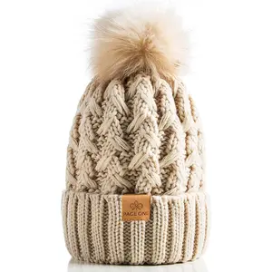 PAGE ONE Womens Winter Ribbed Beanie Crossed Cap Chunky Cable Knit Pompom Soft Warm Hat PAGE ONE