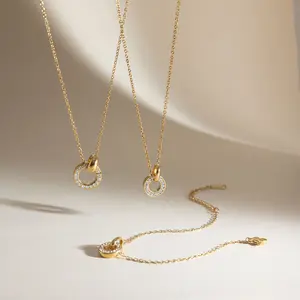 Women's 2-Piece Casual Gold-Colored Minimalist Jewelry Set - Heart Stainless Steel CZ Interlocking Rings, Simple Luxe Everyday Necklace & Bracelet, Casual Jewelry Sets, Gold-Colored Jewelry Sets
