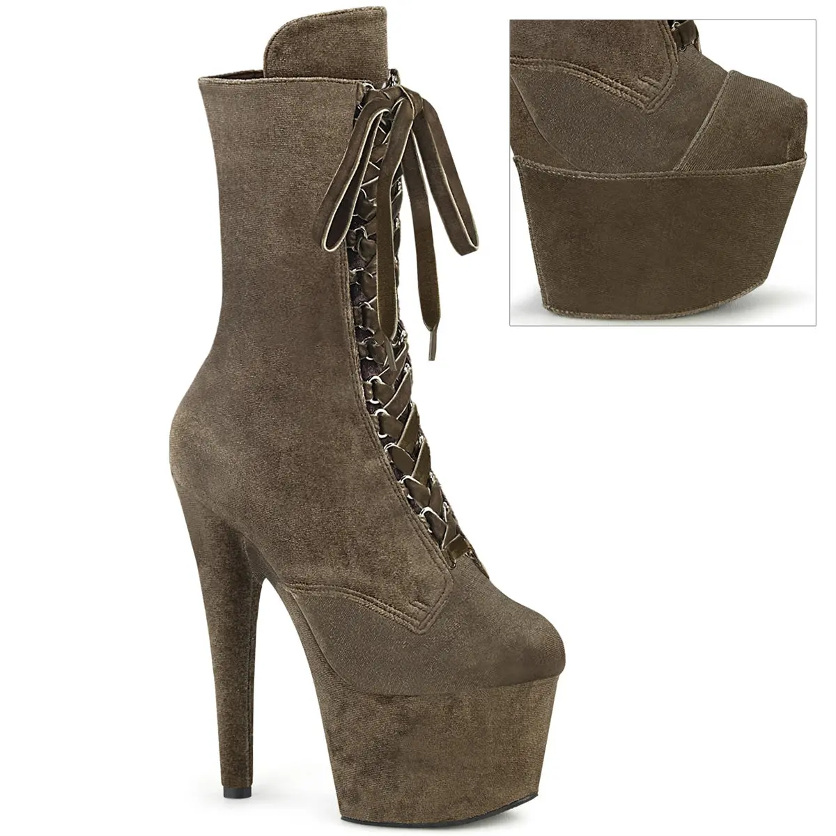 Women's Khaki Velvet Platform Ankle Heels - 7 in Stiletto Heel, Lace-Up Footwear for Stage, Dance, Evening Events, Shoe, Laces, Party