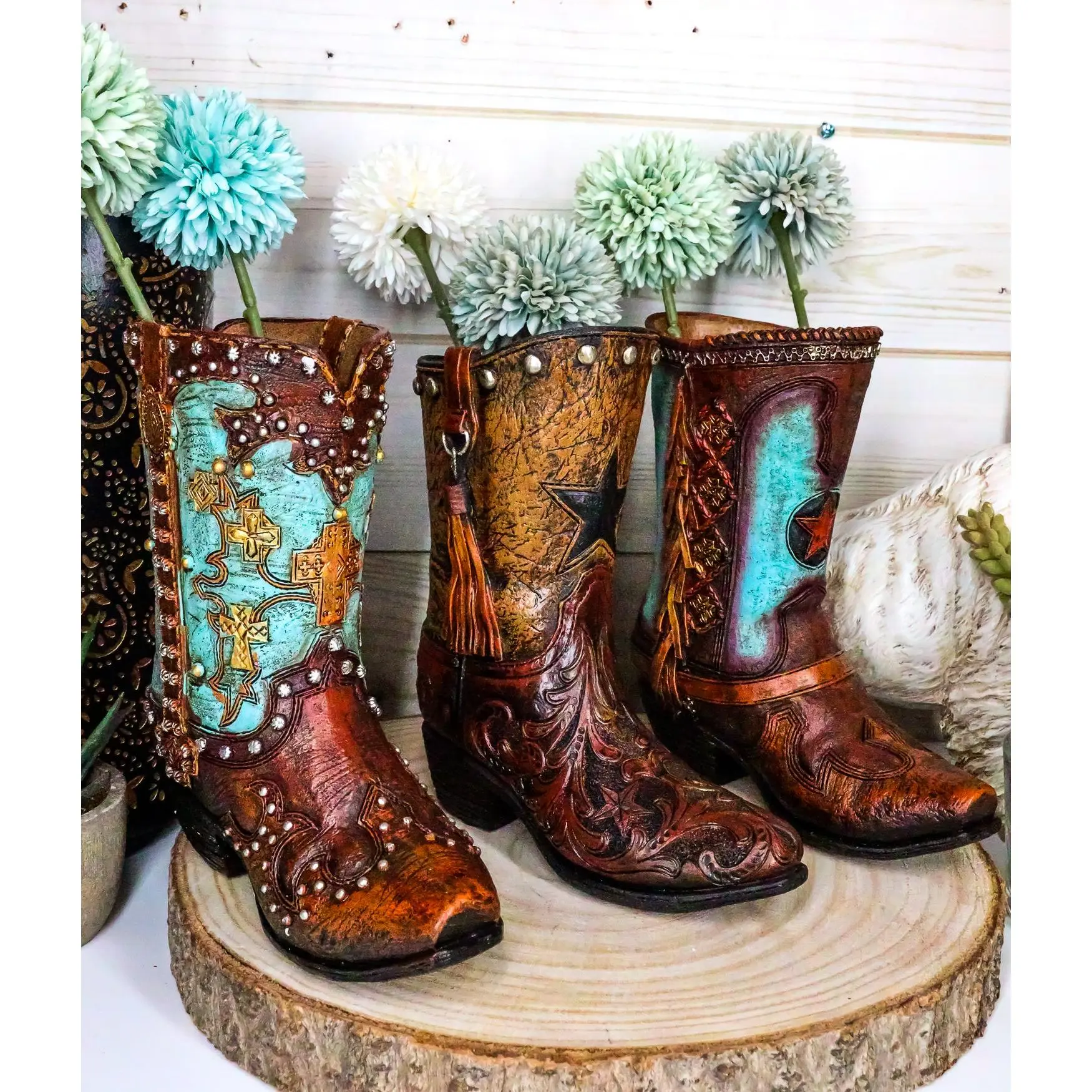 Synthetic Rustic Country Boot Vase Set (3-Piece) - Turquoise Cross, Western Star, Frills Accents - Home Decoration, Ornaments, Flower Arrangement Vase, Sculptural Piece, 6" Wide