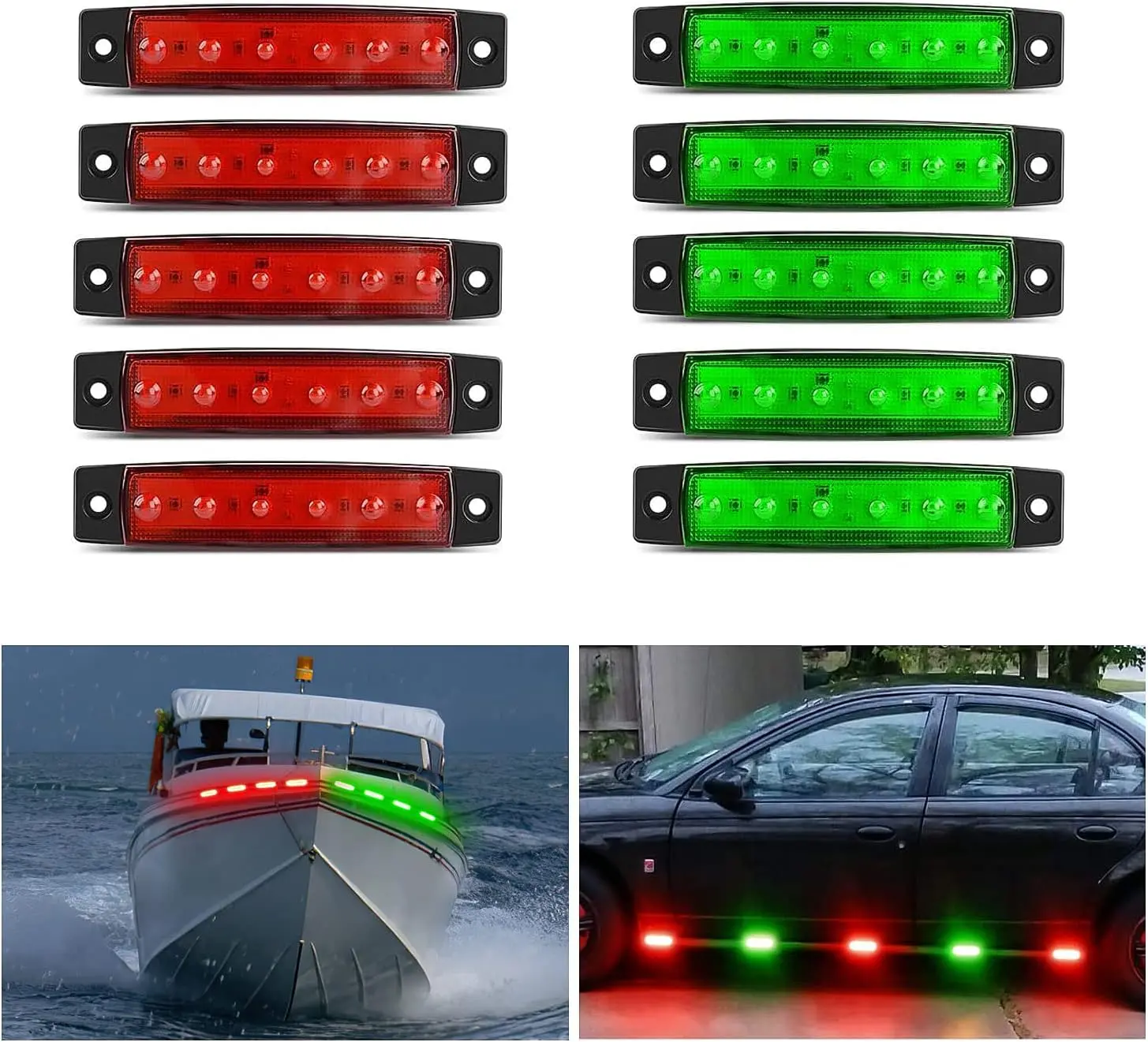 Nilight 10PCS 3.8" 6LED High-Brightness Red Green Car Turn Signal Lights - 12V LED Blinker Side Markers with PC Lens, Peel-and-Stick Marine-Ready Clearance Car Lights for Trucks, Day/Night Driving Accessories, Car Light, Cars Accessories