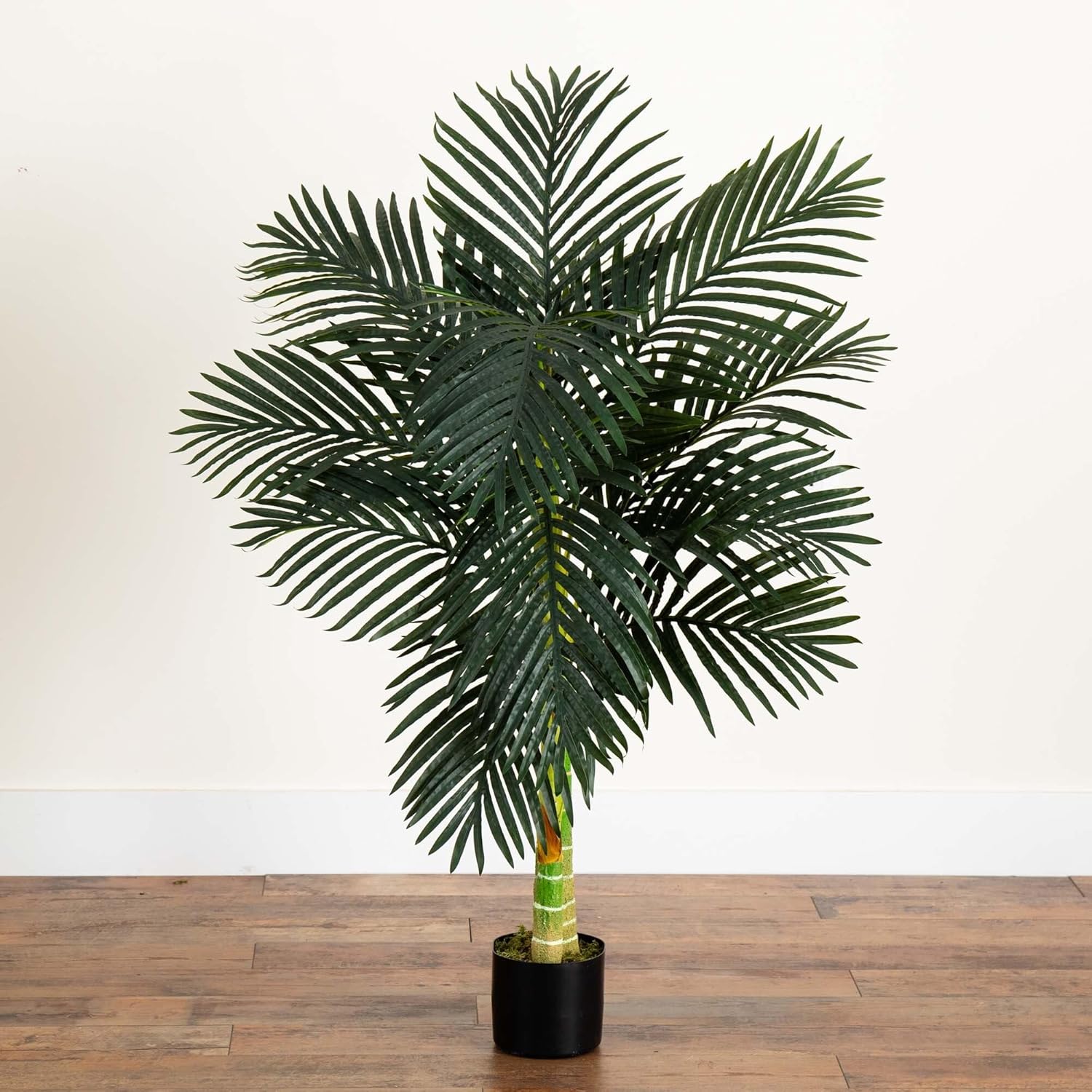 4ft Double Stalk Decorative Plastic Gold Artificial Golden Cane Palm Tree, Lush Realistic Foliage, Maintenance-Free, Easy Setup, Indoor Living Room Tropical Accent