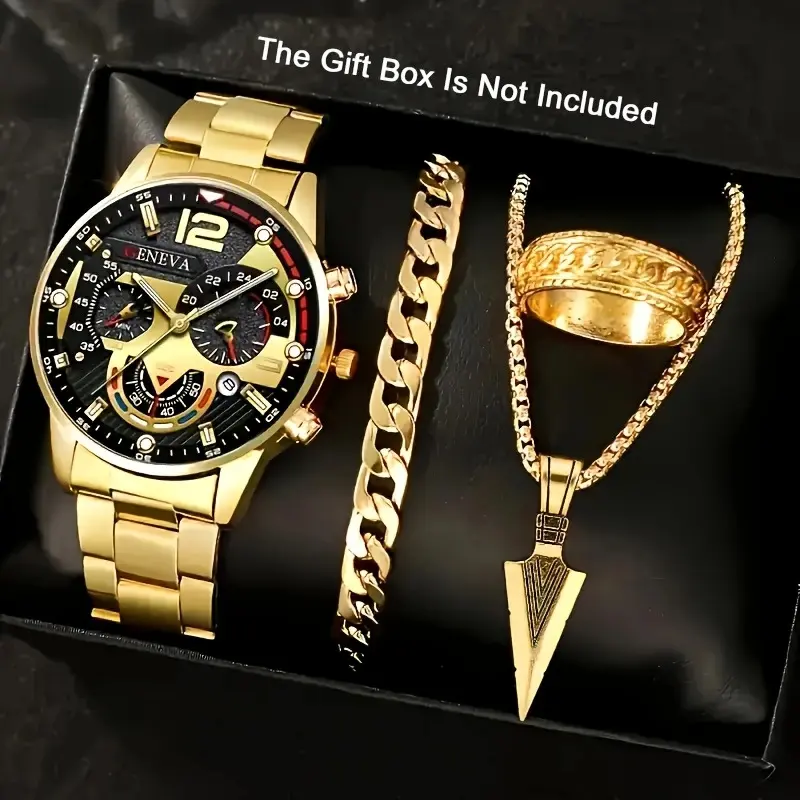 Male Trendy Casual Quartz Watch & Zinc Alloy Jewelry Set - Includes Bracelet, Necklace, Ring, Ideal for Party Bags & Gifts Supplies Gifting Needs, Gifting Set