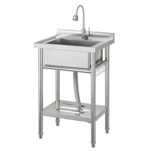 [HOT] Garvee 19"D X 23"W X 35"H Small Stainless Steel Utility Sink With Hot & Cold Water Faucet, Commercial Freestanding Single Bowl Kitchen Sink, Silver