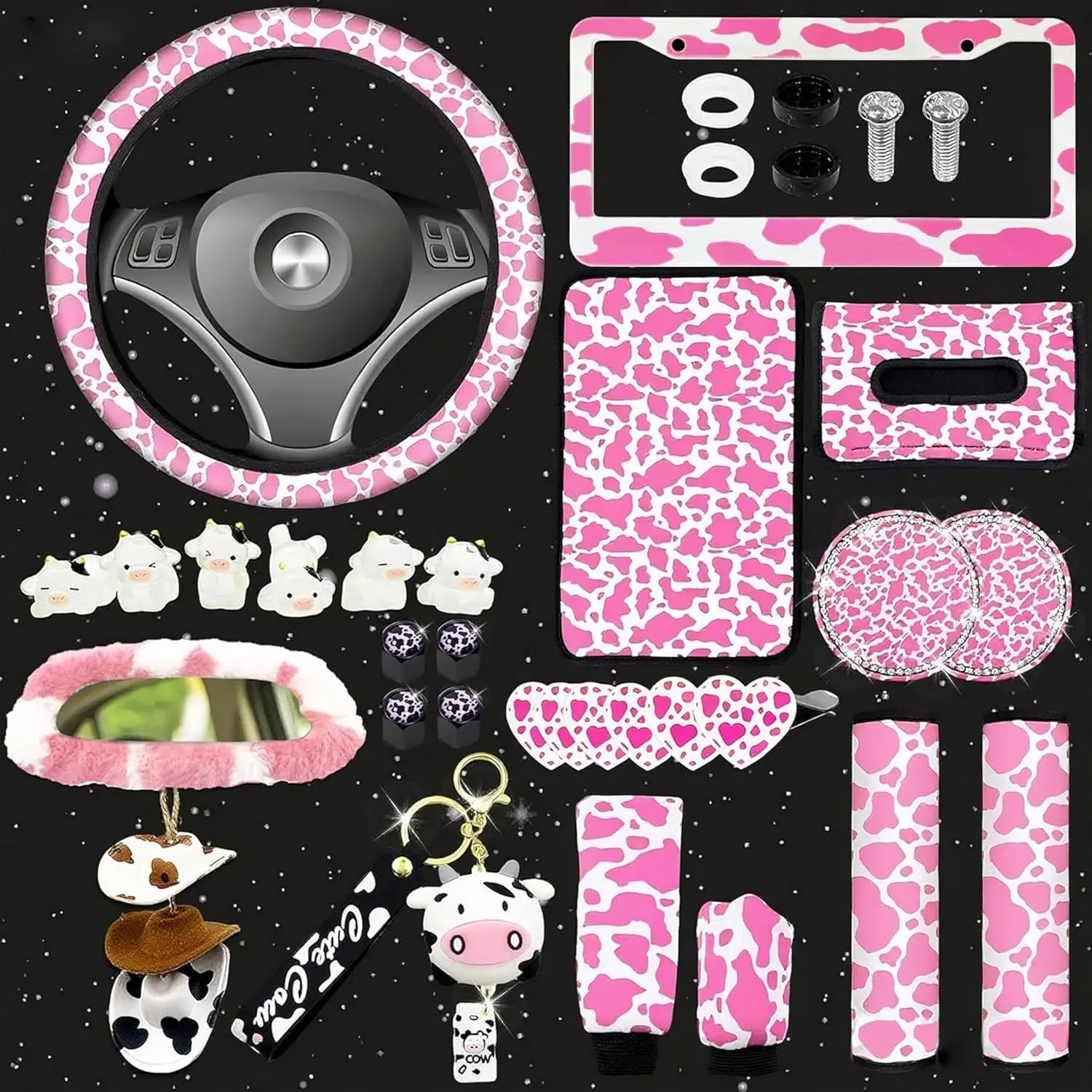 Women's Pink 29-PCS Cow Pattern Car Interior Accessories Set Pack - Includes Dashboard Kit, Rearview Mirror Decoration - Suitable for Sedans, SUVs
