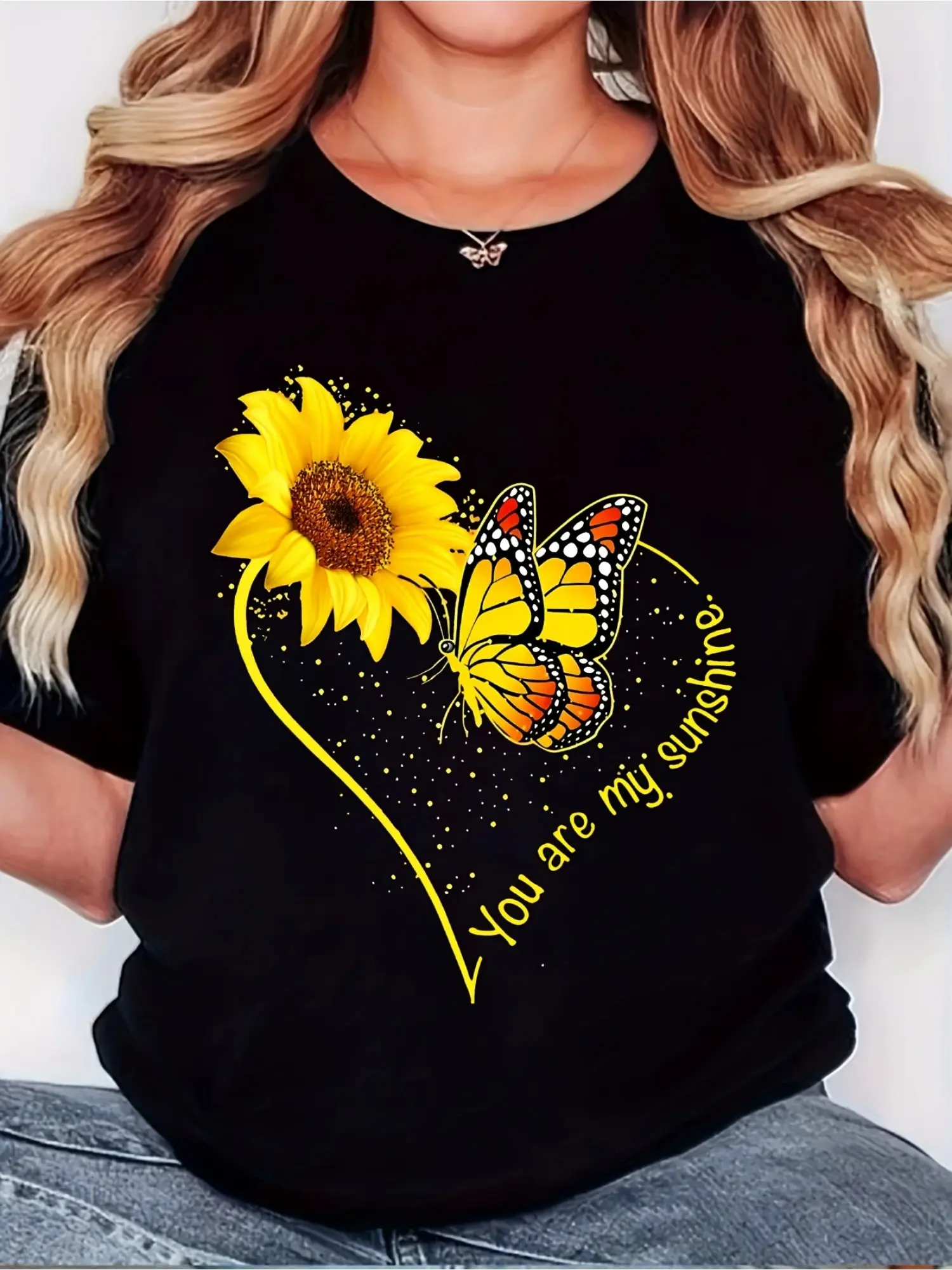 Unisex Plus Size "You Are My Sunshine" Graphic T-Shirt - with Yellow Sunflower & Butterfly Design,  Soft Breathable Fabric, Vintage Casual Short Sleeve Round Neck Tee for Men & Women, All-Season Fit, Everyday Casual Wear