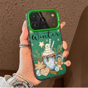 Snowman Gingerbread Pattern TPU Case for iPhone 17 Air 16 Pro Max 15 14 Plus  Protective Stylish Camera Protection Anti-Drop Durable Case with Magnetic Shockproof Lens Protector & Wireless Charging Handle Casing Smartphone Cellphone Protective Cover Black
