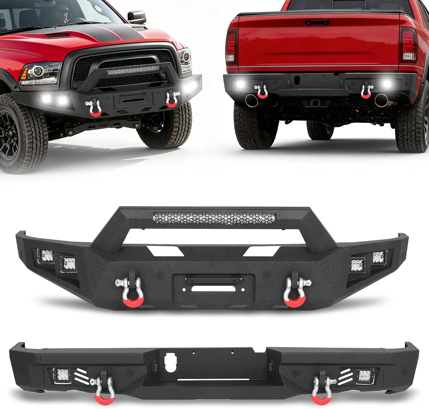 MONOKING Front & Rear Bumper Set for 2015-2018 Ram 1500 Ram Rebel, Steel Off-Road Protection Armor with Winch Plate, LED Lights and D-Rings