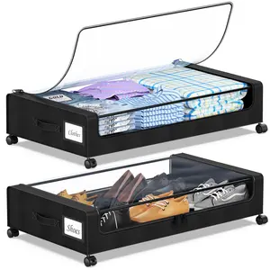 2 Pack Under Bed Storage with Wheels, Under the Bed Storage Containers with Clear Lids & Label, Underbed Storage Bins, Rolling Metal Drawer for Clothes, Shoes, Toys, Books, Black