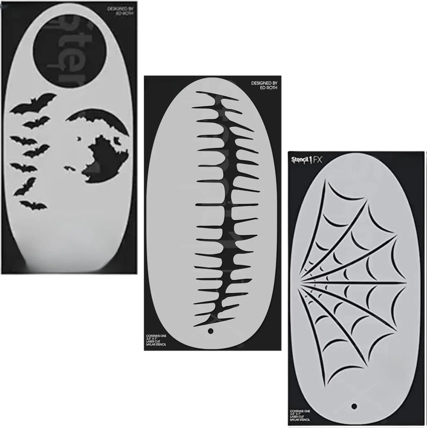 STENCIL1FX 3 Pack Halloween - Bats & Moon + Skull Mouth + Spider - Stencil Eye Makeup Stencil for Costumes, Dress Up, Halloween, Cosplay, Arts, Face Painting