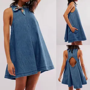 Woman's Lightweight Soft Cutout Back Washed Denim A-line Mini Dress, Breathable Loose Oversized Fit, Side Pockets, Casual Sexy Blue, Spring Summer, For Campus Brunch Vacation Festival Daily Outing, Versatile Casual Dress