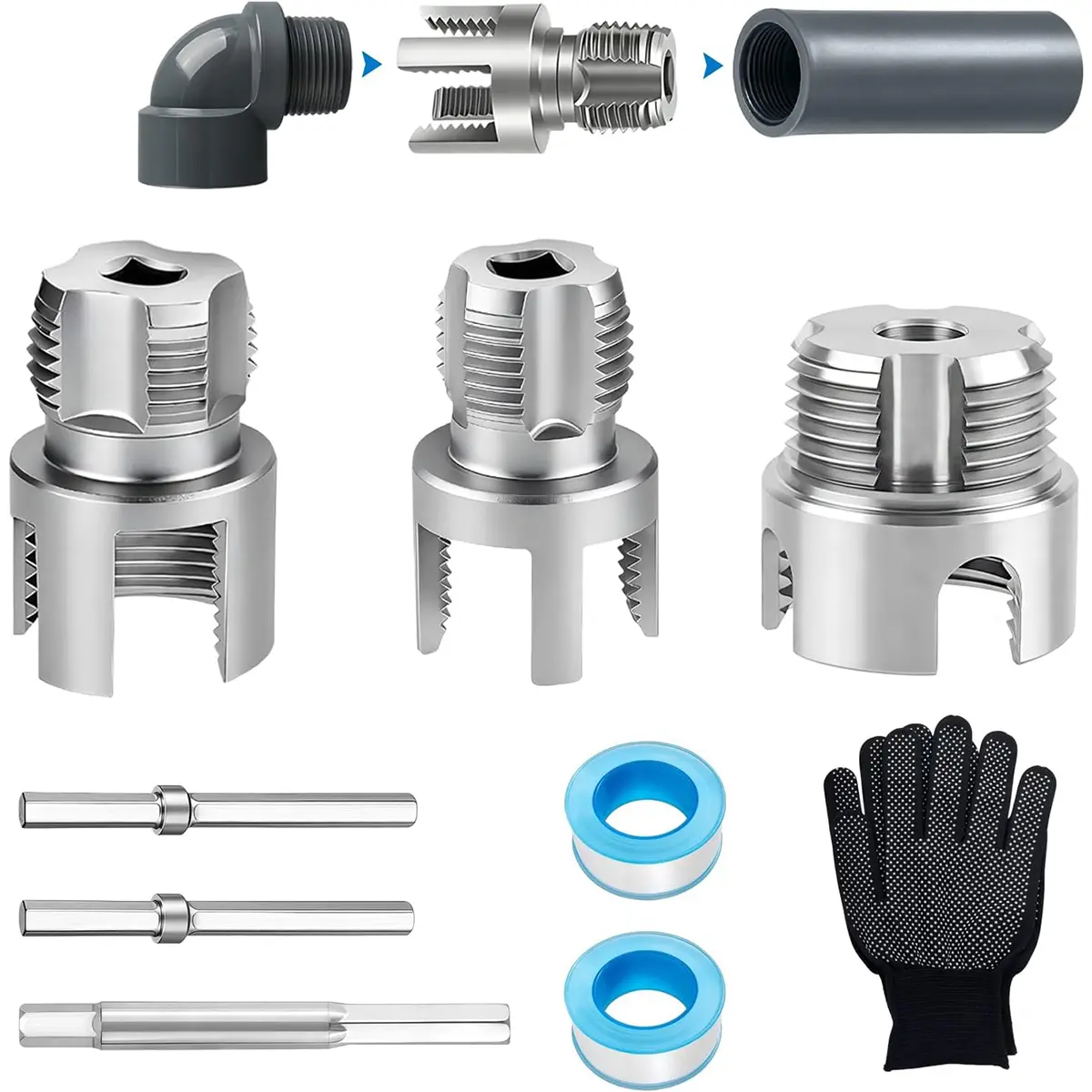 Household Plumbing Repair Tool, Upgraded All-in-One Internal & External Thread Cutter for 1/2", 3/4", 1" Pipe, Equipped with 2 PTFE Tapes and Work Gloves