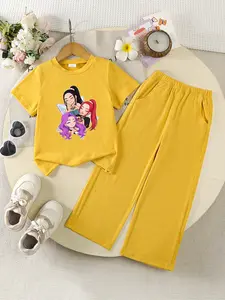 Girls' Trendy Kpop Fashion Set, Cartoon Print Short Sleeve Top and Long Pants, Casual Comfortable Two-Piece, Spring Summer Wear
