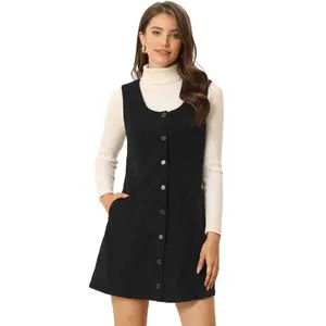 INSPIRE CHIC Women's Corduroy Button Down Scoop Neck Pockets Casual Pinafore Overall Dress Black Large