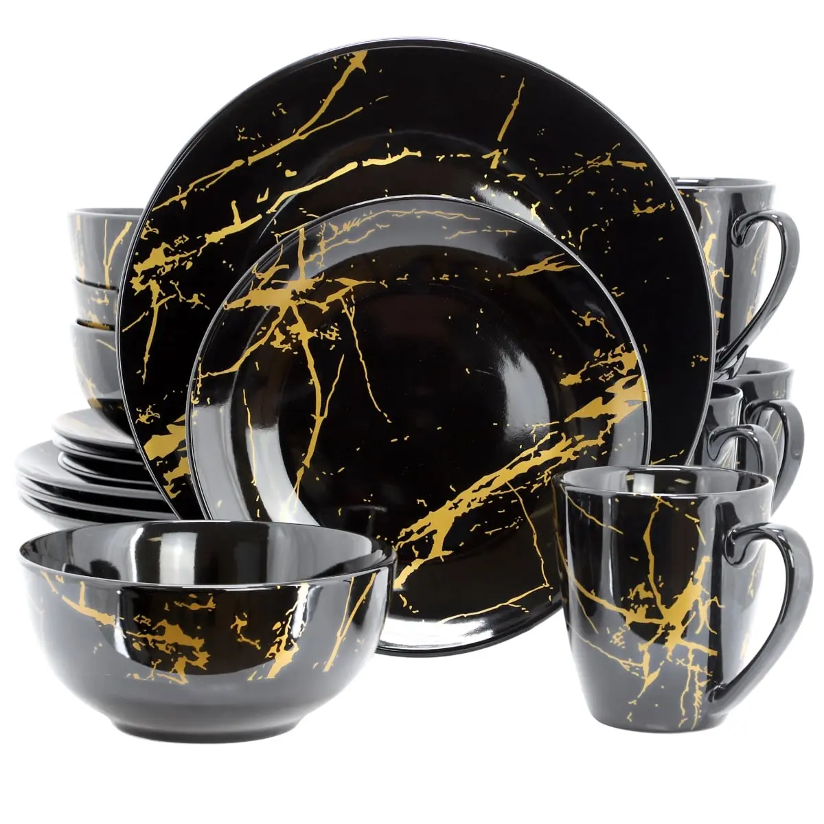 Fine Marble Porcelain Dinnerware Set - Black with Gold Veining - 16 Piece
