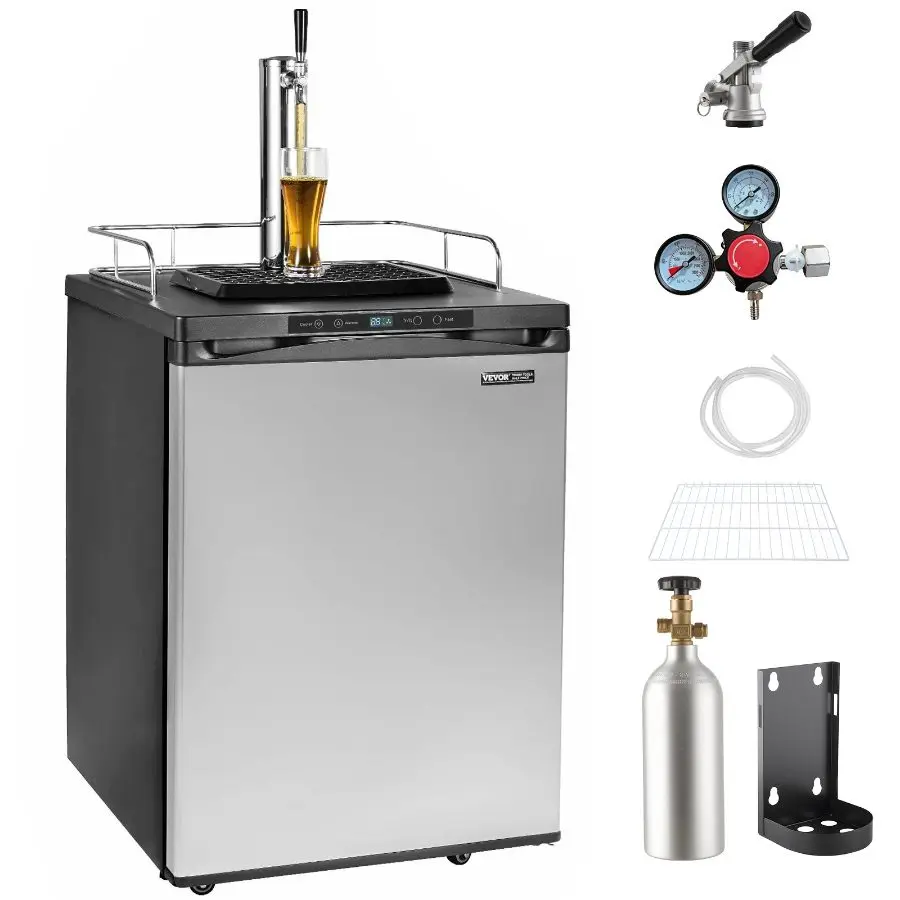 VEVOR Single Tap Beer Kegerator, 162L Full Size Draft Beer Dispenser Refrigerator with Shelf, CO2 Tank (No Gas), Drip Tray Rail, 23F-82.4F Temp Control, Silver, Father's Day Gift, All Seasons Use