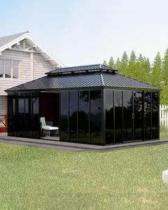 12x20 ft Hardtop Gazebo Sunroom, Enclosed Gazebo with Floor-to-Ceiling Sliding Doors, All-Aluminum Alloy Frame, Screen Outdoor Room Solarium for Backyard, Patio, and Deck