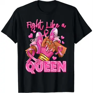 COD Cotton Afro Queen Black Women Breast Cancer Survivor Pink Ribbon T-Shirt - Crew Neck Short Sleeve Unisex Street Fashion Tee  Printed Style
