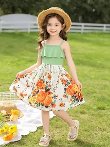 Floral Dress for Girls with Cartoon Pattern, Slim Fit and Casual Style, Summer Girl's Dress with Vibrant Flower Print, Floral Print Sundress