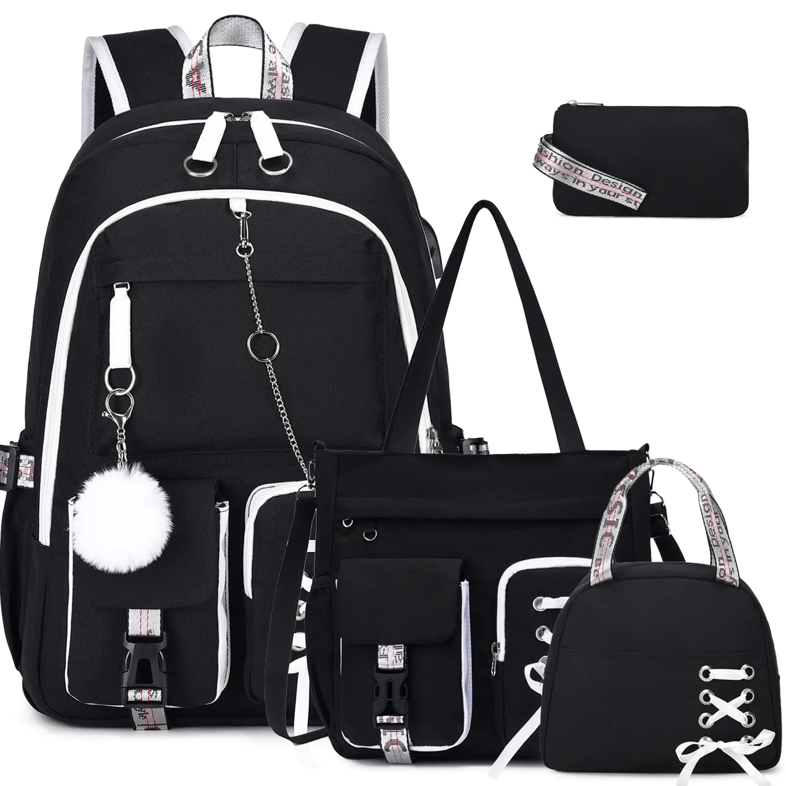SIMILOVE Backpacks for Girls Teens, Y2K Aesthetic School Backpack Set with Tote Bag Lunch Bag, USB Charging Port, Kids Backpack for Elementary Middle High School College Students（Black）
