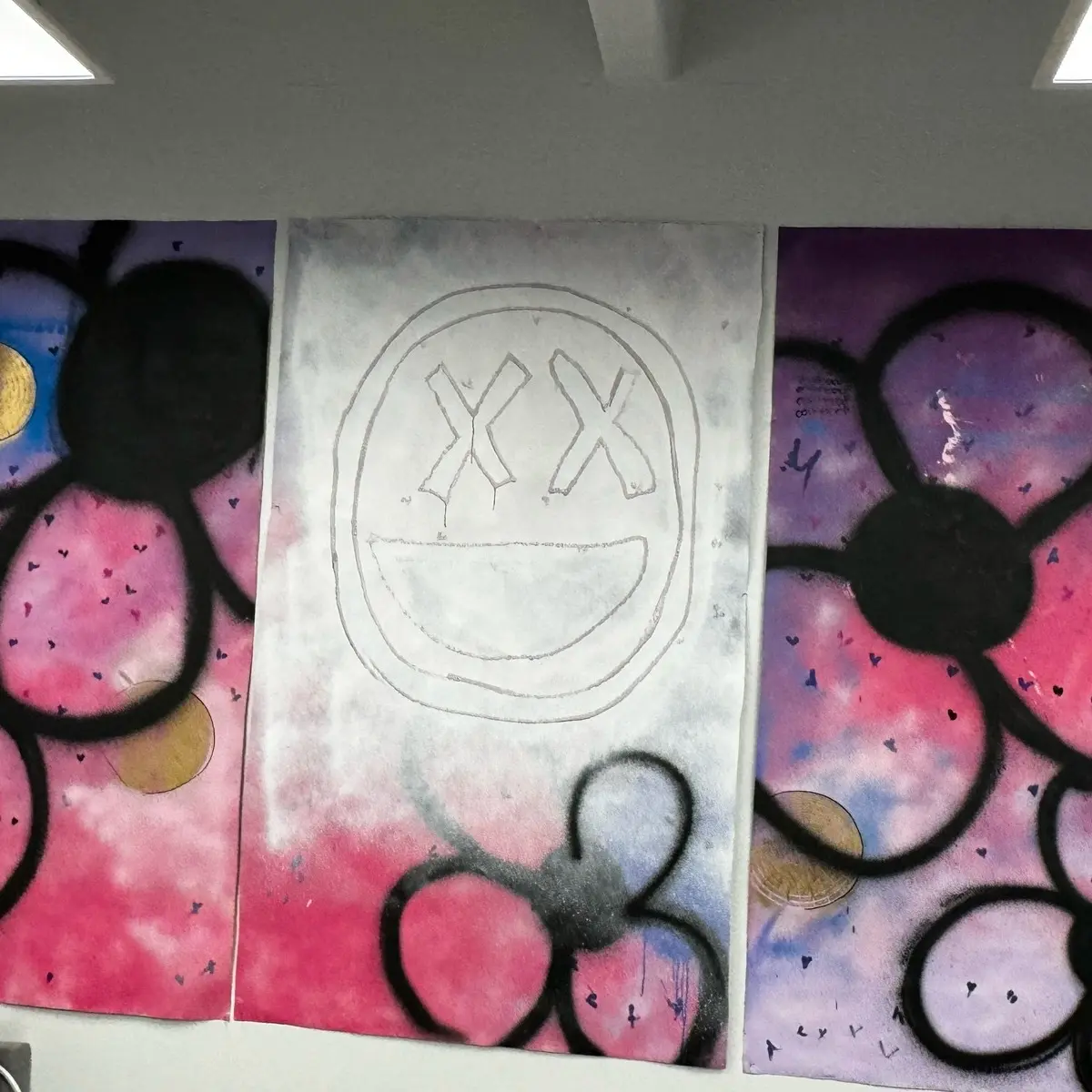 Marteen Xix ‘Happily xx inside’ Part 2 of 3 Mixed Media Art Collection, Set of 3 on 70oz Canvas, 43in x 72in each- right side only