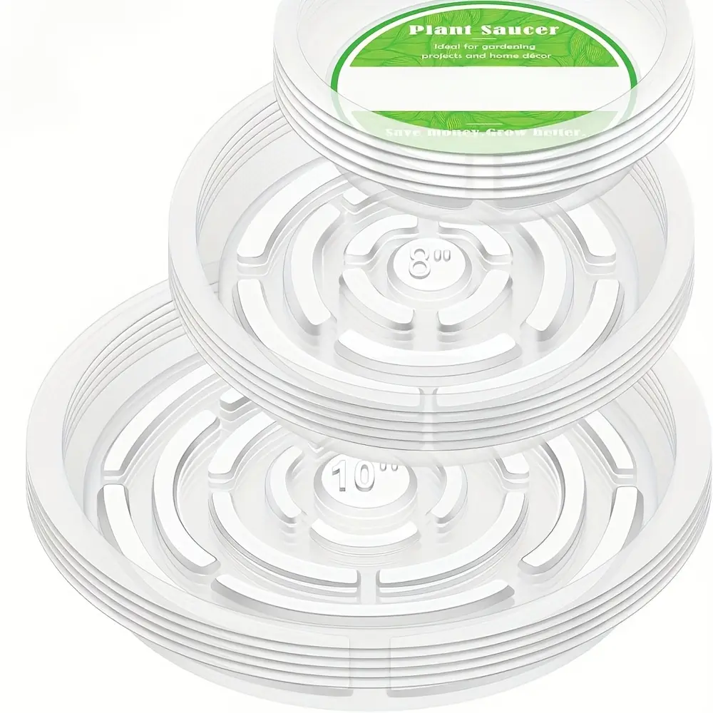 15 Pack of 6, 8, 10 Inches Clear Plant Saucers Flower Pot Trays, with 15 Pcs Plant Labels, Plastic Plant Drip Trays for Indoor Outdoor Plants Garden, 5pcs of Each Size