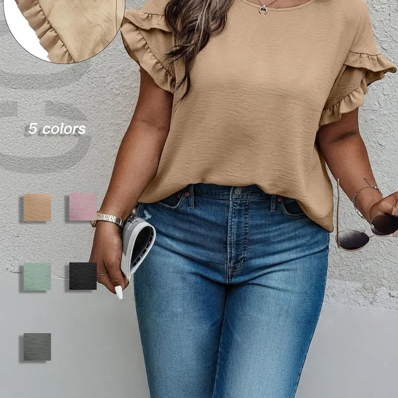 Plus Size Women's Solid Color Ruffle Trim Feminine Petal Sleeve Relaxed Fit Blouse, Shirts, Basic Essential Casual Short Sleeve Round Neck Top for Summer, Women's Plus Clothing for Daily Wear