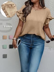 plus size women's solid color ruffle trim petal sleeve blouse, plus casual short sleeve round neck top for summer, women's plus clothing for daily wear, trending clothing women, womenswear