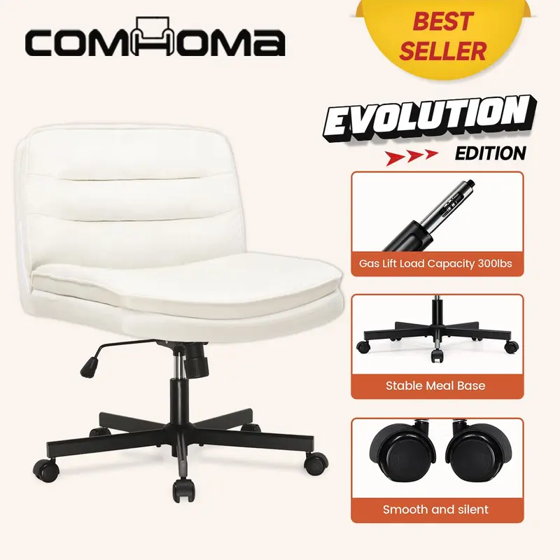 COMHOMA Plus Size PU Leather Comfy Chair - U-Shape Back Hug Adjustable Ergonomic Armless Office Desk Chair, 360-Degree Spinning Swivel Wheels, Modern Home Office Furniture, Requires Assembly