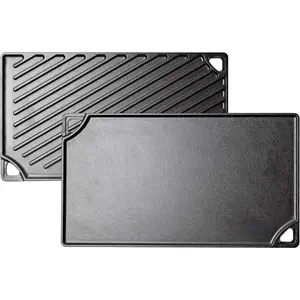 Reversible Cast Iron Grill/Griddle Pan -Seasoned Dual-Sided Double Burner for BBQ, Eggs, Pancakes, Burgers -  Free Cookware - Flat Top Plate for Oven, Grill, & Campfire