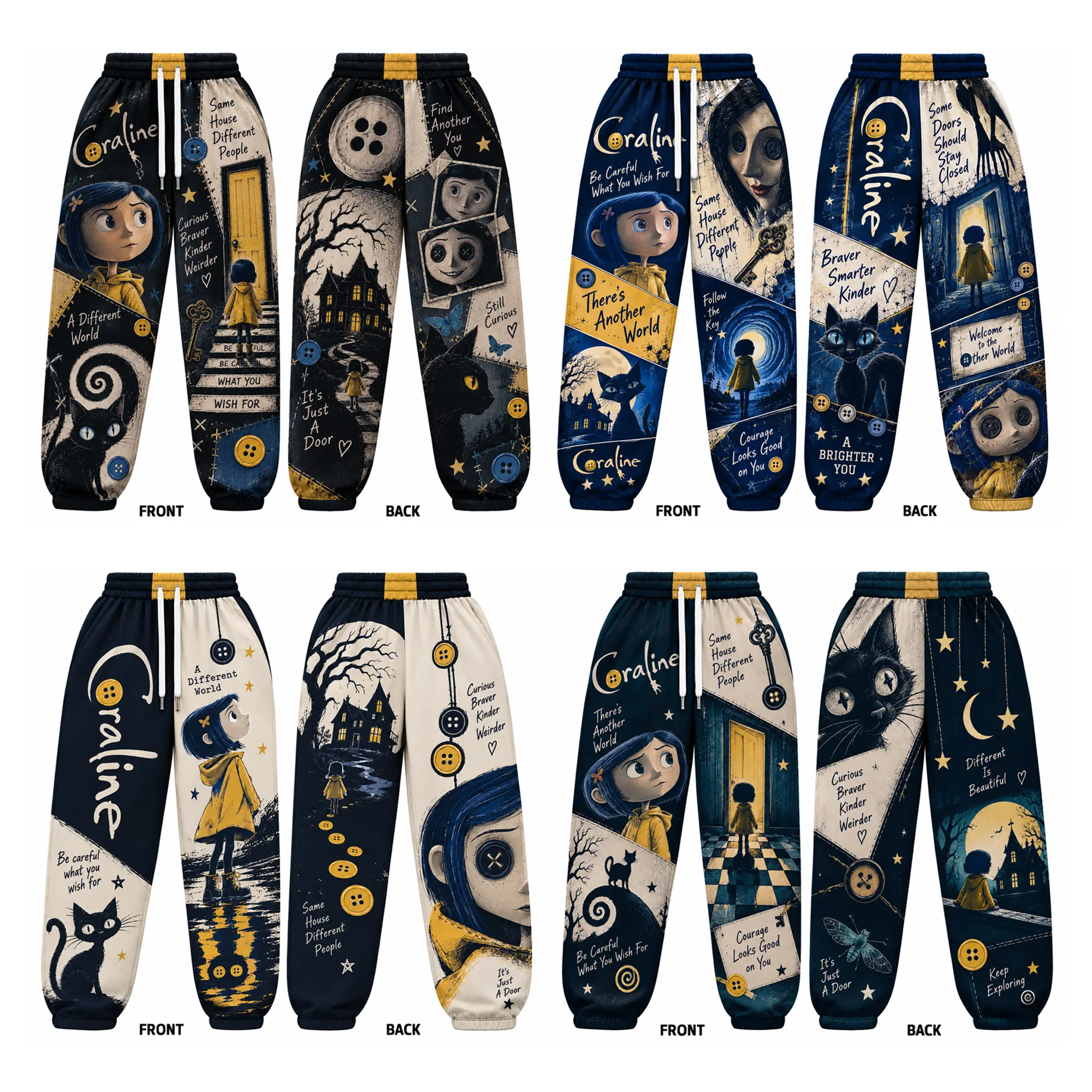 Dark Fantasy Button World Sweatpants, Spooky Black Cat & Yellow Raincoat Graphic Joggers, Gothic Other