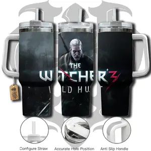 HardTimesMerch - The Witcher 3: Wild Hunt #1 40oz Handle Tumbler Stainless Steel Travel Mug, Game Inspired Vacuum Insulated Cup, Large Iced Coffee Tumbler, Manga Fighter Drinkware, Gamer Gift for Him Her