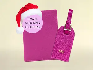 Genuine Leather Pink Passport Cover & Custom Luggage Tag Set, Personalized Leather Travel Accessory, Custom Travel Wallet, Monogram Bag Tag