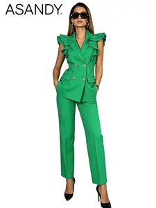 ASANDY Women's Green Two-Piece Set - Ruffled Sleeveless Blazer & Straight-Leg Pants, Elegant Office & Formal Outfit