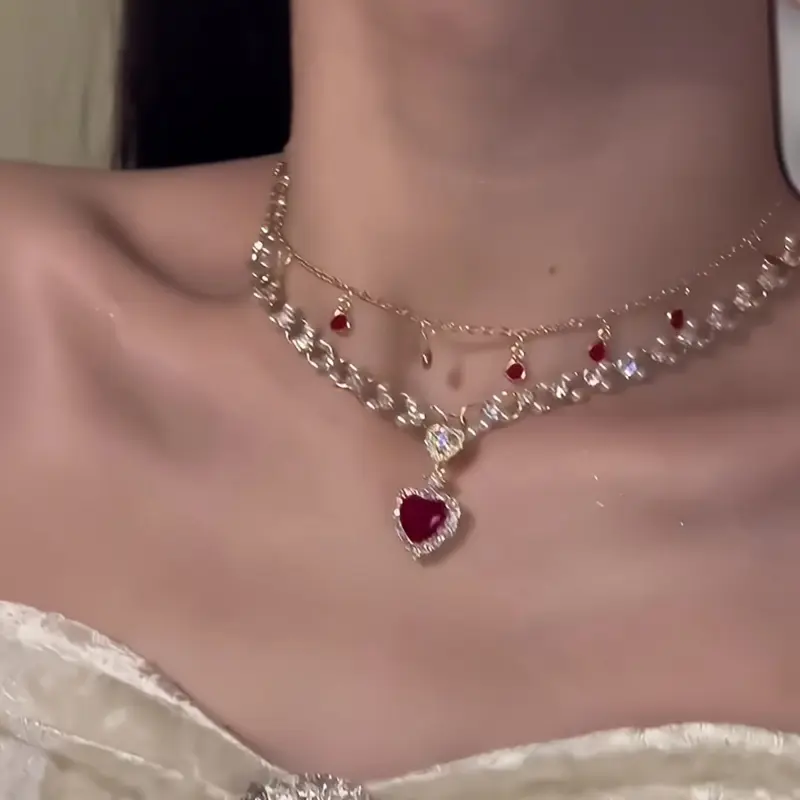 Elegant Two-Tone Red Diamond Heart Pendant Necklace - Women's Luxurious Alloy Collar Chain link Versatile