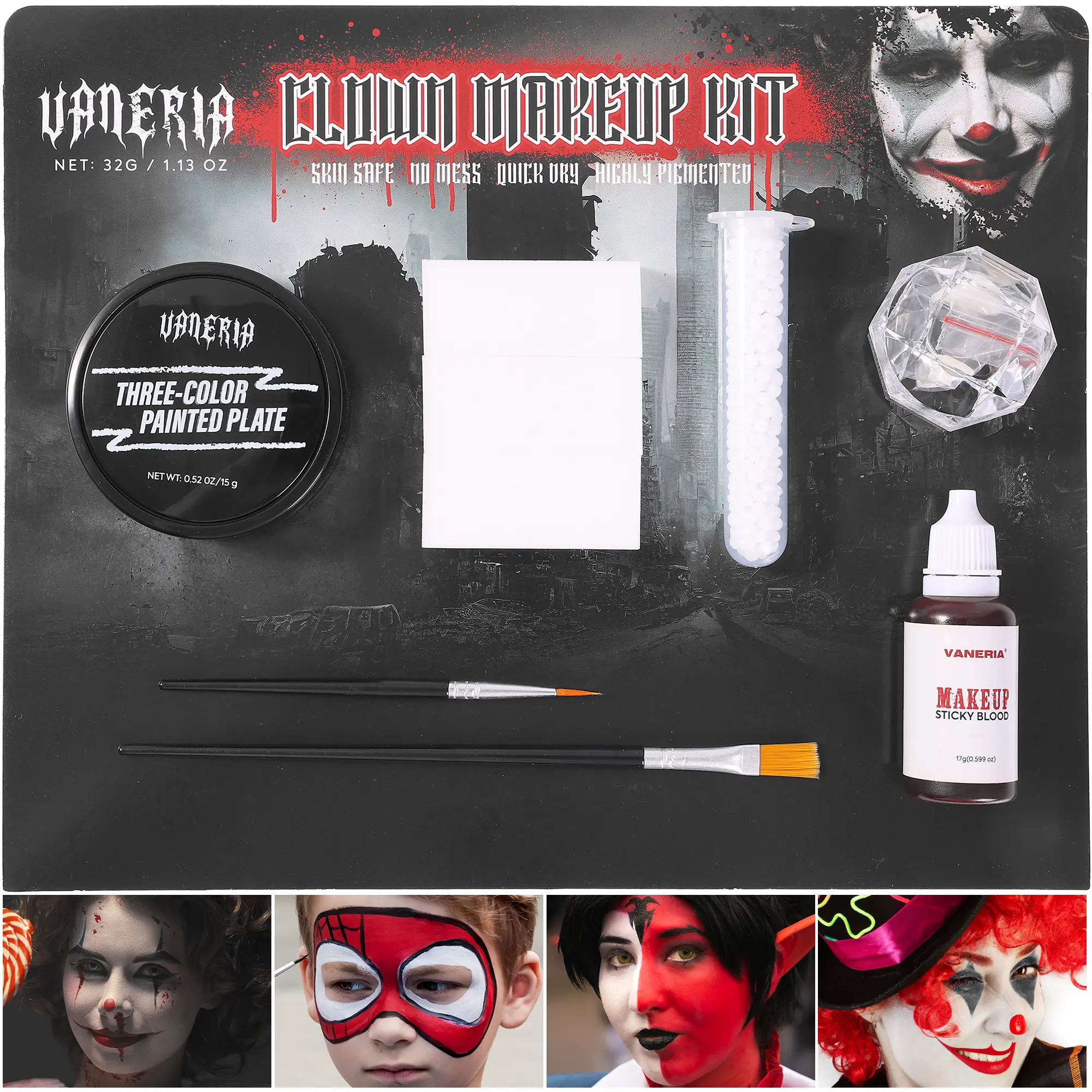 Clown Makeup Halloween, Black White Red Cream Face Body Paint for Halloween, SFX Makeup Set with Vampire Teeth & Fake Blood, Clown Art Theater With Brushes