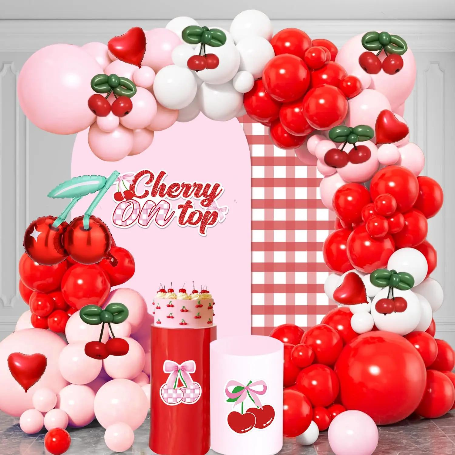 157-Piece Cherry Balloon Garland Kit Red, White & Pink Balloons with DIY Cherry Fruit for Party Decor
