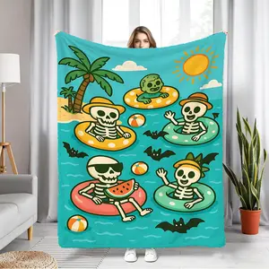 Summerween Skeleton Pattern Throw Blanket, Soft Flannel Blanket, Cozy Warm All Season Blanket, for Napping Camping Travel, Fun Whimsical Aesthetic Home Decor, Multiple Sizes Available