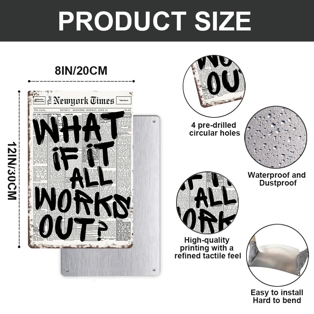 Retro Black And White Aluminum Inspirational Wall Art What If It All Works Out Positive Quote Metal Plaque, Positive Affirming Quote Minimalist Prints Painting For Home Bedroom Dorm Wall Decor