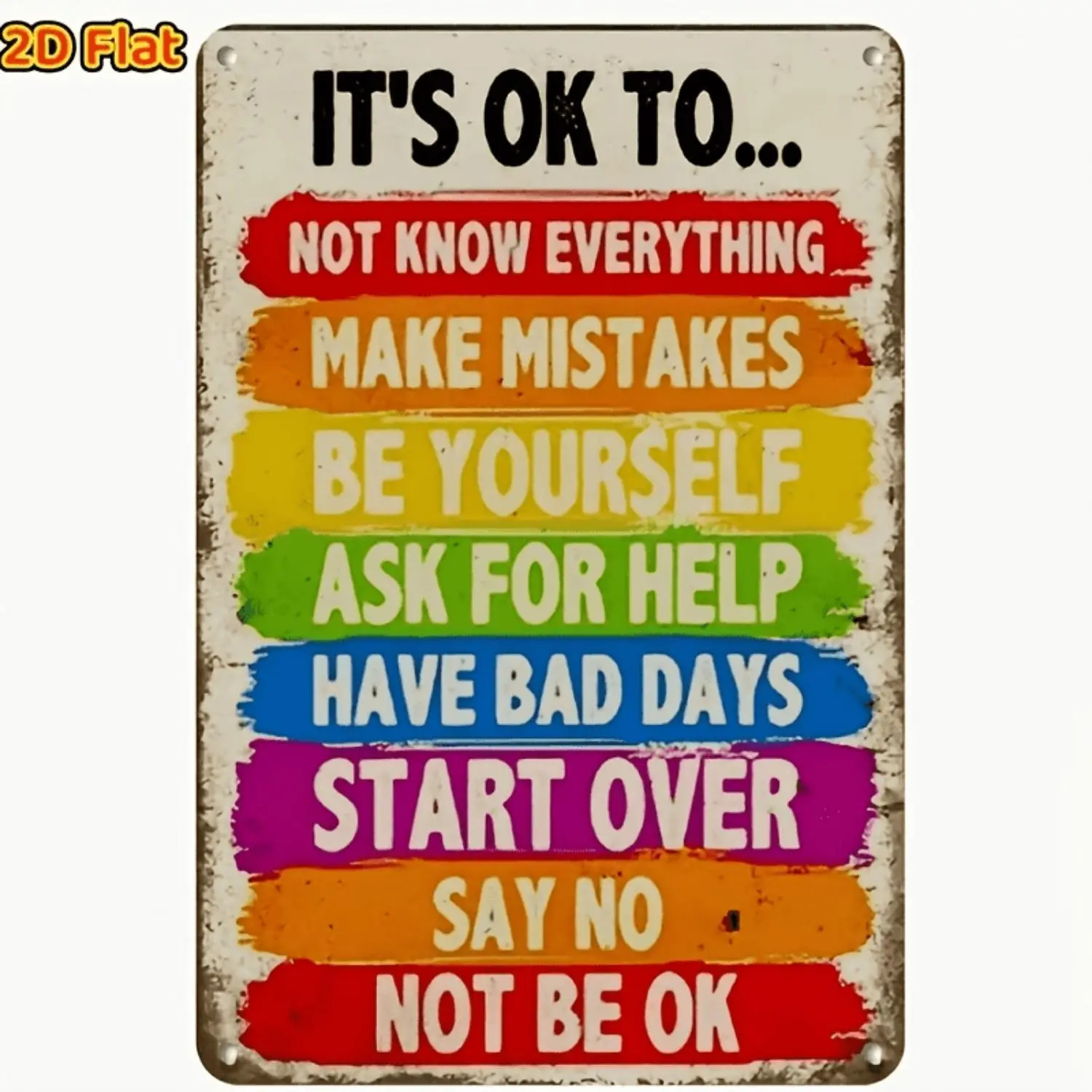 2D Flat It'S Ok to Be Yourself Inspirational Wooden Sign, 7.87X5.9 Inch, Colorful Mental Health Quote Wall Decor, Rustic Wood Plaque for Home Bedroom Office Classroom
