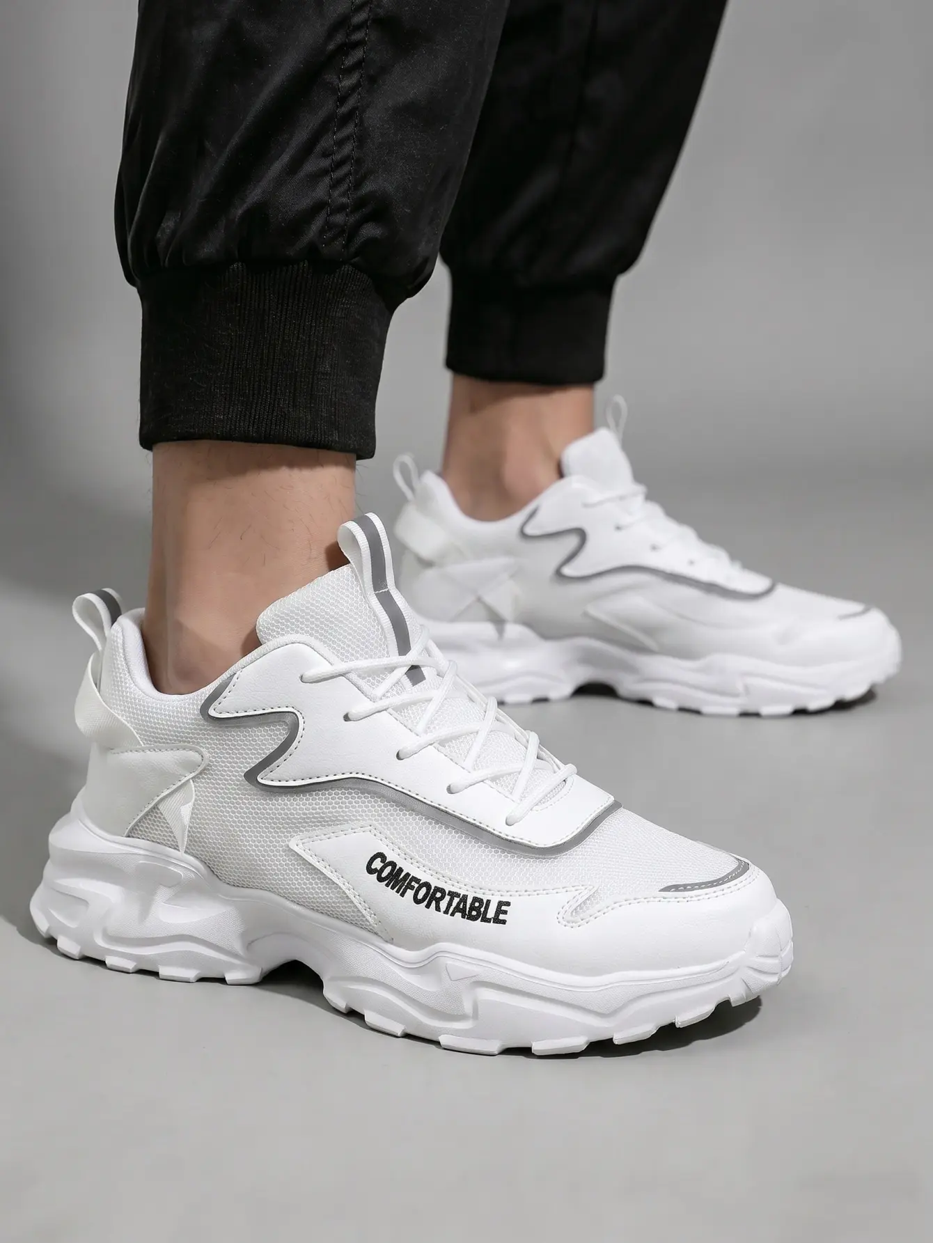 Men’s Minimalist All-White Breathable Mesh Chunky Dad Sneakers with Reflective Trim, Ample Round Toe, EVA Midsole, Lightweight Cushioned Non-Slip Lace-Up Trainers for Daily Walks & Night Commute