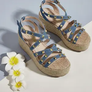 Mily Denim Open Toe Heart Sandals Handmade Jute Platforms with Gold Details Adjustable Buckle Closure Summer Comfort 7 cm Height