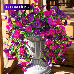 2 PCS  or 6 PCS Artificial Hanging Flowers Fake Plants Outdoor, Decorative Silk Morning Glory Faux Flowers with Eucalyptus Leaf,UV Resistant Realistic Hanging Petunias Plants for Home Garden Decor