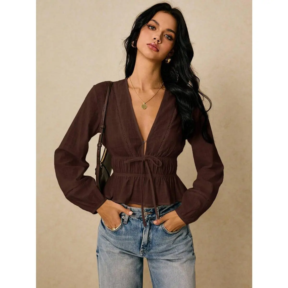 Women's Solid Cotton Fabric Peplum Top with a V-Neck, Casual Long Sleeve Knot Front and Cropped Fit for Spring Travel