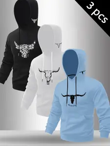 Men's Casual Loose Hooded Sweatshirt, Classic Letter Print Fleece Pullover, Long Sleeve Fall & Winter Wear, Pack of 3