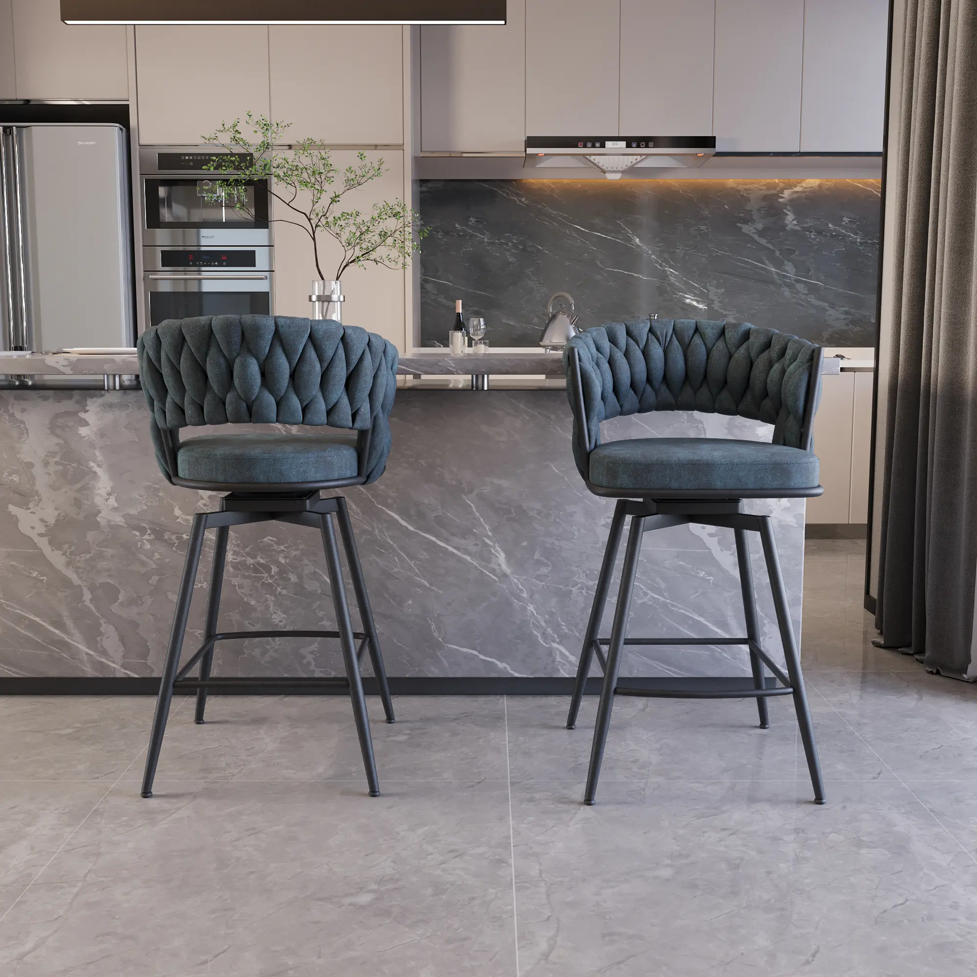 26" Bar Chair Suede Woven Bar Stool Set of 2,Black legs Barstools No Adjustable Kitchen Island Chairs,360 Swivel Bar Stools Upholstered Bar Chair Counter Stool Arm Chairs with Back Footrest ,Upholstered Swivel Bar Stools with Back bar stool set