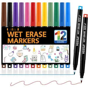 Wet Erase Markers, Ultra Fine Tip (0.7mm), Low Odor, 12 Assorted Colors for Whiteboard, Office,  & Classroom Supplies