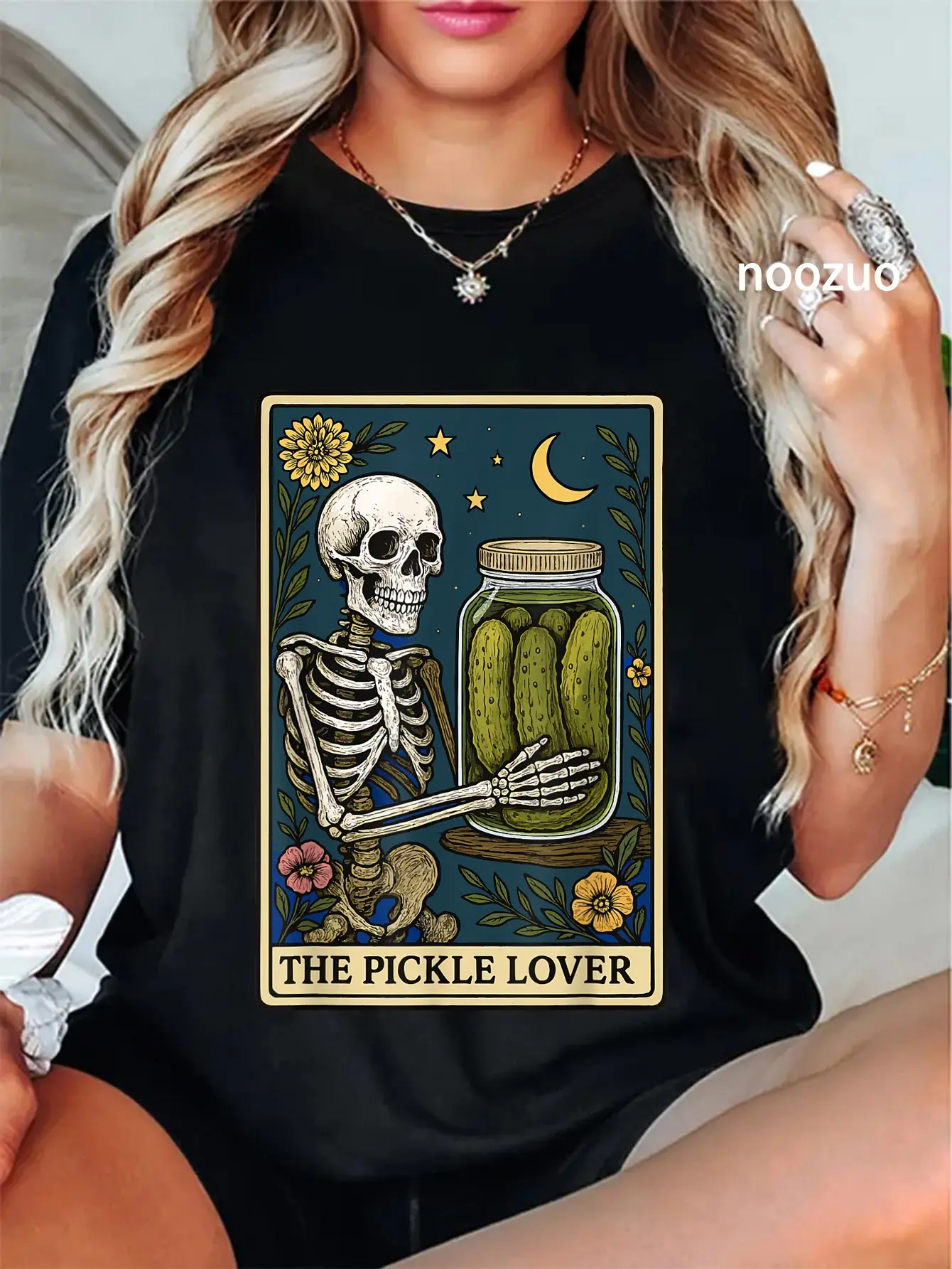 100% Cotton Unisex The Pickle Lover Tarot Card T-Shirt Tarot Pickle Lover Pickles Foodie Skeleton