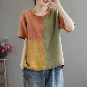 Cotton Linen Contrast Color T-shirt Artistic Design Half Sleeve Women's Casual Top in Orange & Khaki - Loose Fit Short Sleeve Crew Neck